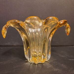Tulip Blown Art Glass Vase Bowl Amber Clear Ribbed Drip Waterfall